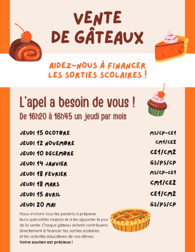 Calendrier 2026-2027 des ventes de gâteaux de l’APEL de l’école Saint-Joseph